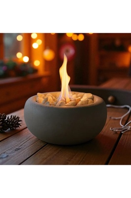 Masa Üstü Beton Yuvarlak Ateş Çukuru Bacasız Şömine 500ml Yakıt Açık Gri ürün fotoğrafı