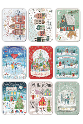 9lu Kabartmalı Yılbaşı Kartpostal Seti Yeniyıl Kış Manzara Nostalji ürün fotoğrafı