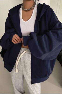 Kadın Lacivert Kapüşonlu Detaylı Fermuarlı Hırka ürün fotoğrafı