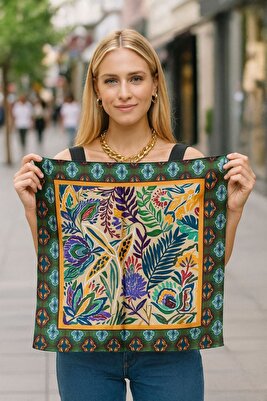 13943 Etnik Desenli Safran Saten Bandana Fular ürün fotoğrafı