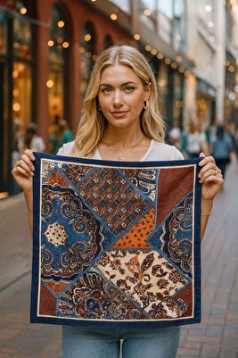12353 Etro Desenli Lacivert Saten Bandana Fular ürün fotoğrafı