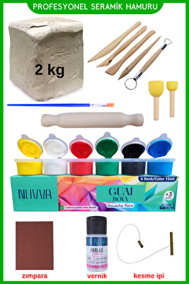 Seramik Hamuru Başlangıç Seti - Guaj Boya, Ebeşuar, Merdane,fırça, 2000gr Beyaz Doğal Kil ürün fotoğrafı