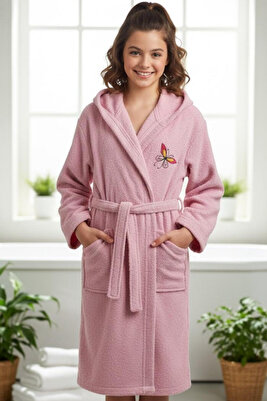 Kapüşonlu Pamuklu Genç Çocuk Bornoz - 13-18 Yaş Unisex | Pembe - Kelebek Nakışlı ürün fotoğrafı