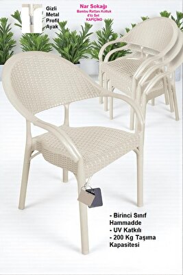 4 Adet Bambu Rattan Kollu Sandalye Koltuk 4'lü Set ürün fotoğrafı