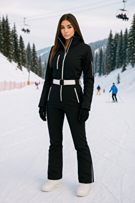 Sd kadın siyah beyaz detaylı kar Kayak Tulumu skisuits özel tasarım ürün fotoğrafı