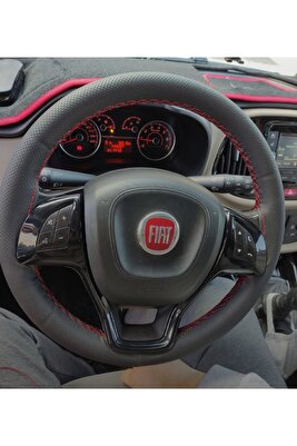 Oto Direksiyon Kılıfı Delikli Siyah Deri Kırmızı Dikiş ürün fotoğrafı