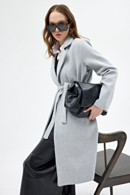 7149a Belden Bağlamalı Uzun Kaşe Kaban Gri ürün fotoğrafı