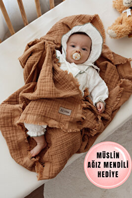 Sütlü Kahve Müslin Püsküllü Müslin 4 Katlı Müslin Bebek Müslin Çocuk Müslin 110x110cm ürün fotoğrafı
