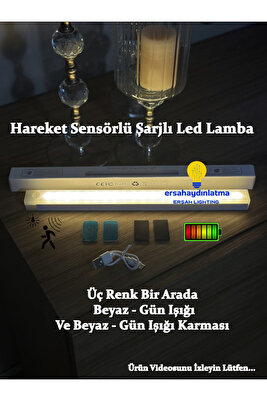 Hareket Sensörlü Şarjlı Led Lamba 3 Renk 30 Cm ürün fotoğrafı
