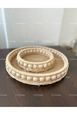 Ahşap Boncuklu Doğal Rafya Hasır Tepsi Sepet ürün fotoğrafı