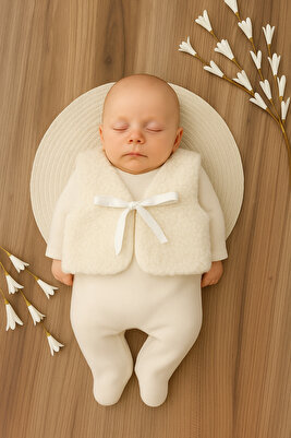 Bebek Yeleği Welsoft Kumaş Iç Kısmı Pamuklu Önden Kurdelelı Kız Erkek Bebek Yenidoğan Beyaz Yelek ürün fotoğrafı