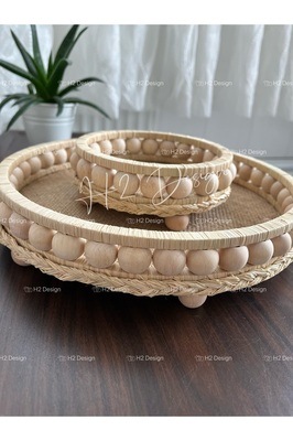 Ahşap Boncuklu Doğal Rafya Dekoratif Hasır Tepsi 24 cm Ve 12 cm ürün fotoğrafı