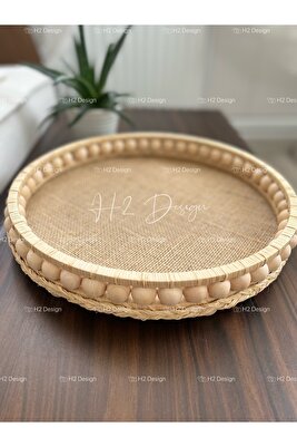 Ahşap Boncuklu Doğal Rafya Hasır Dekoratif Tepsi 29.5 Cm ürün fotoğrafı