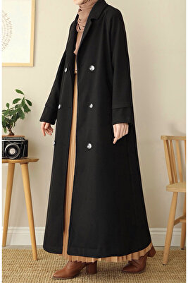 Tam Boy Kruvaze Kaşe Kaban - Siyah ürün fotoğrafı