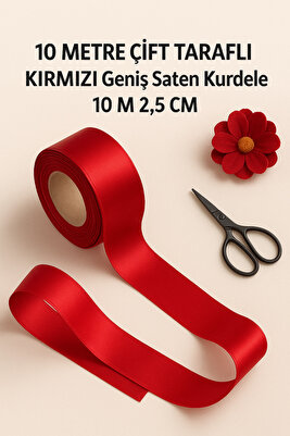 10 Metre Çift Taraflı Kırmızı Geniş Saten Kurdele 10 M 2,5 Cm. Kırmızı Kurdele ürün fotoğrafı