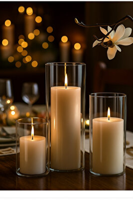 3 Lü Cam Vazo Silindir Mumluk Seti ürün fotoğrafı