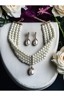 İnci Set Takım Zirkon Taşlı İnci Küpe ve İnci Kolye Seti ürün fotoğrafı