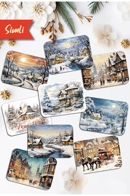9lu Simli Yılbaşı Kartpostal Seti Yeniyıl Manzara Nostalji ürün fotoğrafı