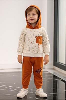 Happy Ayılar Desenli Kapüşonlu Pamuklu Bebek Çocuk Alt Üst Takım Yeni Sezon ürün fotoğrafı