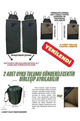 Çift Kişilik 2'li Birleşip Ayrılabilir Haki Uyku Tulumu (-25) Mikro Su Itici Kamp (2.15×1.50) ürün fotoğrafı