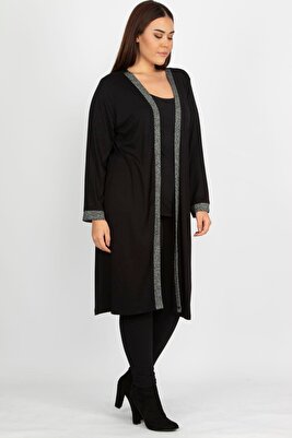 Kadın Büyük Beden Siyah Sim Detaylı Uzun Hırka 65n19839 ürün fotoğrafı