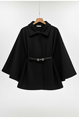 Tesettür panço pelerin gümüş kelebek toka siyah kemer ürün fotoğrafı