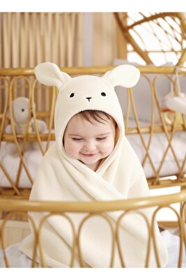 Ekstra Yumuşak Pamuklu Kız-erkek Yenidoğan/bebek Banyo Kundak Havlusu Ekru/tavşan ürün fotoğrafı