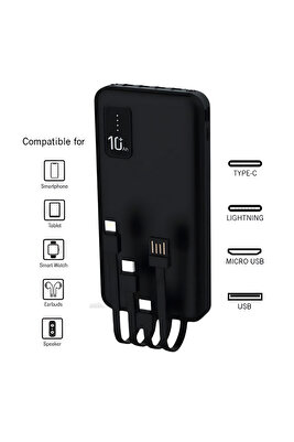 10.000 Mah Plus Dijital Göstergeli Dahili Çoklu Kablolu Powerbank,siyah,taşınabilir Şarj Cihazı LCD ürün fotoğrafı