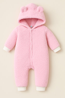 Kışlık Tatlı Kapşonlu Bebek Peluş Welsoft Tulum-Pembe ürün fotoğrafı