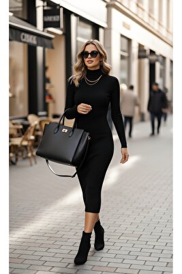 Kadın Siyah Balıkçı Yaka Kaşkorse Midi Elbise ürün fotoğrafı