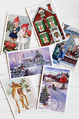 6lı Simli Kartpostal Seti, Yılbaşı, Kırmızı Ev ürün fotoğrafı