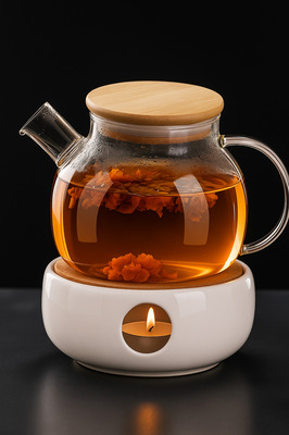 Isıya Dayanıklı Borosilikat Süzgeçli Cam Demlik (1000ML) Vakumlu Bambu Kapak, Demlik ürün fotoğrafı