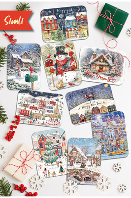 9lu Simli Yılbaşı Kartpostal Seti Yeniyıl Manzara Kardan Adam Nostalji ürün fotoğrafı