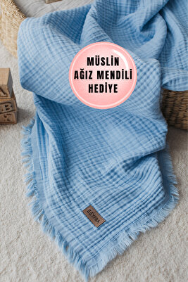 Bebe Mavi Müslin Örtü %100 Pamuk 4katlı Müslin Bebek & Çocuk Müslin 110x110cm ürün fotoğrafı