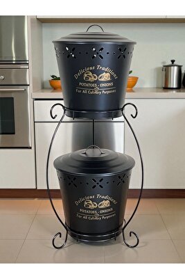 2 Katlı Metal Patates Soğan Kovası - Sebzelik - Patates Soğanlık Sepeti Siyah ürün fotoğrafı
