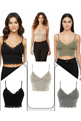 3'lü Crop Takım Askılı Dantelli Pedli Büstiyer Bralet %95 Pamuk (1- Haki-Yeşil, 1-Taş, 1-Siyah) ürün fotoğrafı
