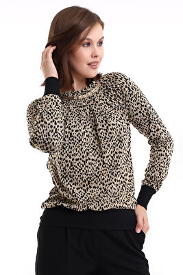 Vista Kadın Yumuşak Dokulu Reglan Uzun Kollu Yaka Zincir Aksesuar Leopar Jakar Desen Örme Bluz ürün fotoğrafı