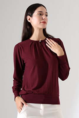 Harare Kadın Büzgülü Damla Yaka Düğmeli Örme Jakar Esnek Uzun Kollu Bluz & Tesettür Bluz - Bordo ürün fotoğrafı