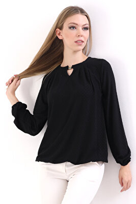 Kadoma Kadın Pileli Damla Yaka Aksesuarlı Örme Jakar Penye Uzun Kollu Bluz & Tesettür Bluz - Siyah ürün fotoğrafı