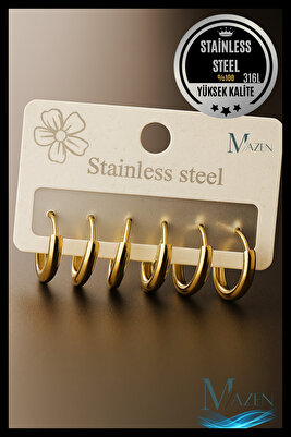 316L Çelik Set Halka Küpe | Gold Renk | 6 Adet 3 Farklı Boy | Kalın Bar Model ürün fotoğrafı