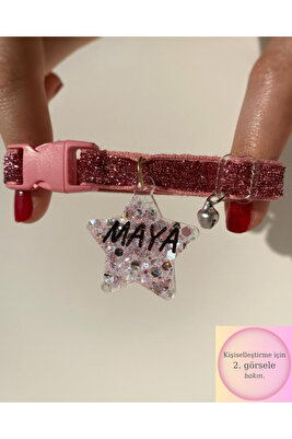 "yıldız" Şeklinde Pembe Tasma - Zilli - Sugar Pink Glitter - Isimli Kedi/ Küçük Irk Köpek Tasması ürün fotoğrafı