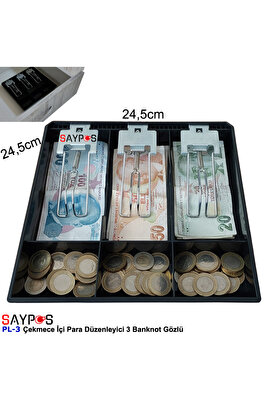 Metal Mandallı Rampalı Çekmece İçi Para Düzenleyici 3 Banknot 3 Bozuk Para Gözlü 24,5x24,5x3,5cm ürün fotoğrafı