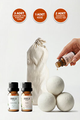 Çamaşır Yün Kurutma Topu ve Koku Seti - Kurutma Makinesi İçin - 3 Adet Top ve 2 Adet Koku - XL ürün fotoğrafı