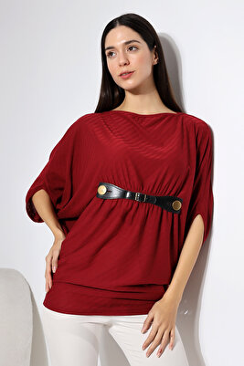 Touba Kadın Yarasa Kol Kemer Detaylı Diagonal Jakar Örme Bluz &amp; Penye Bluz - Bordo ürün fotoğrafı