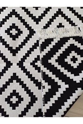 Kilim Çift Taraflı Modern Desenli Yıkanabilir Pamuklu Dokuma 1. Kalite Kilim Siyah Beyaz Yolluk ürün fotoğrafı