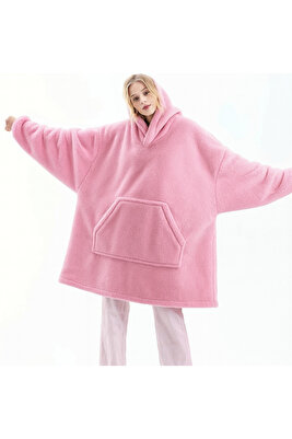 Wellsoft Kapşonlu Giyilebilir Tv Battaniyesi Unisex Over Size - Pembe ürün fotoğrafı