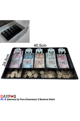 Metal Mandallı Rampalı Çekmece İçi Para Düzenleyici 5 Banknot 4 Bozuk Para Gözlü 40,5x24,5x3,5cm ürün fotoğrafı