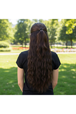 Koyu Kahve Fiber Sentetik Kabarık Dalgalı Yarım Ay Çıt Çıt 2 Yan ürün fotoğrafı