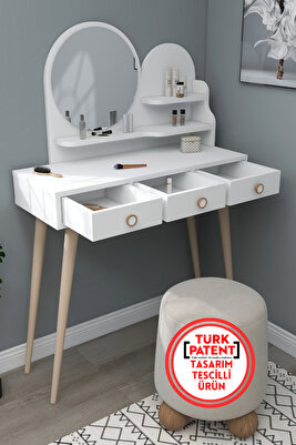 Ruges Çekmeceli Ahşap Ayaklı Aynalı Makyaj Masası, Beyaz - Ruges ürün fotoğrafı