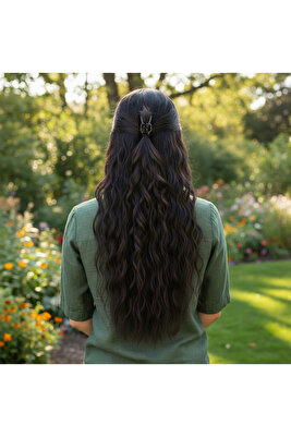 KAHVERENGİ Fiber Sentetik Kabarık Dalgalı Yarım Ay + 2 Yan Çıt Çıt - Kahverengi ürün fotoğrafı